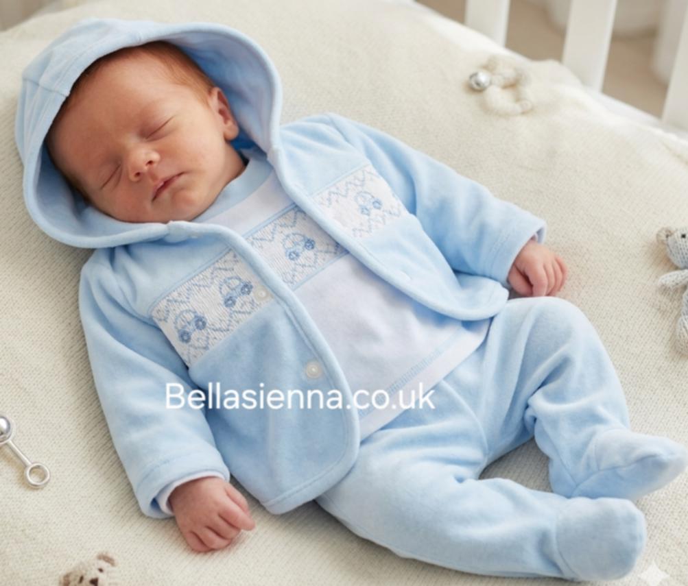 Premature Baby Blue Three Piece Smocked Outfit With Embroidered Cars - 40JTC9759