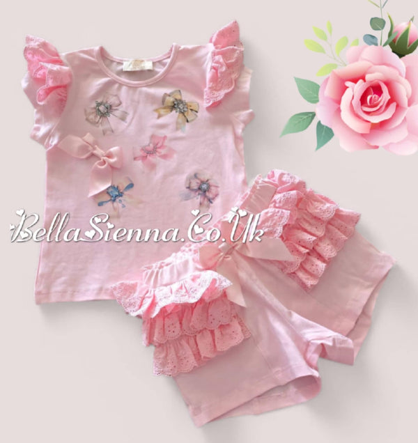 Pink "Bow" Anglaise Frilly Shorts Set - S215