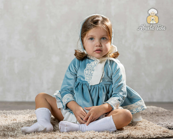 Abuela Tata Velvet & Lace Dress, Pants & Bonnet Set - 1299393