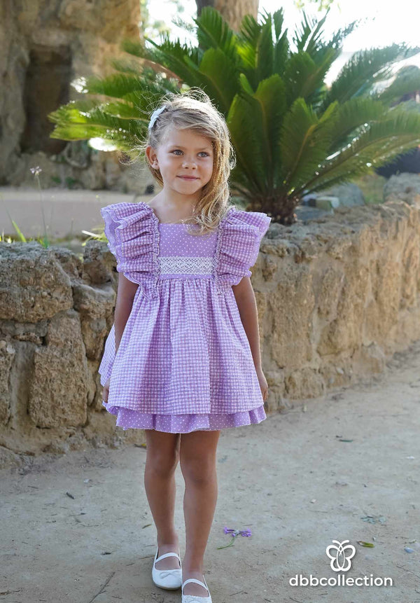 Dbb Lilac Gingham Puffball Dress With Big Bow On The Back - 17702