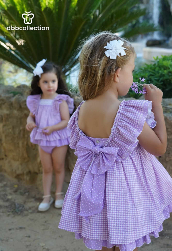 Dbb Lilac Gingham Puffball Dress With Big Bow On The Back - 17702