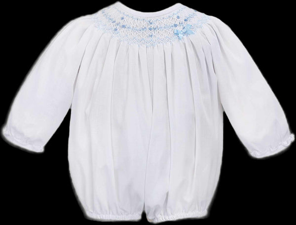 Sarah Louise White & Blue Smocked Bubble Long Sleeved Romper - 012765L - C6004