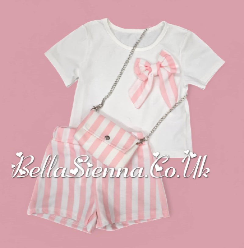 Pink & White Stripe Girls Shorts, T-shirt & Matching Handbag Set
