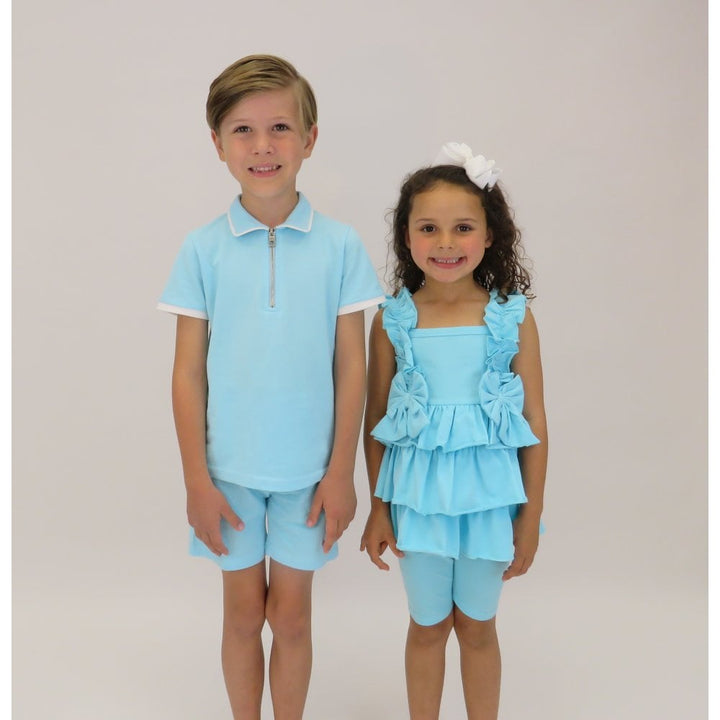 HARRIS KIDS "Beth" Girls Ruffle Bow Cycling Short Set - Blue