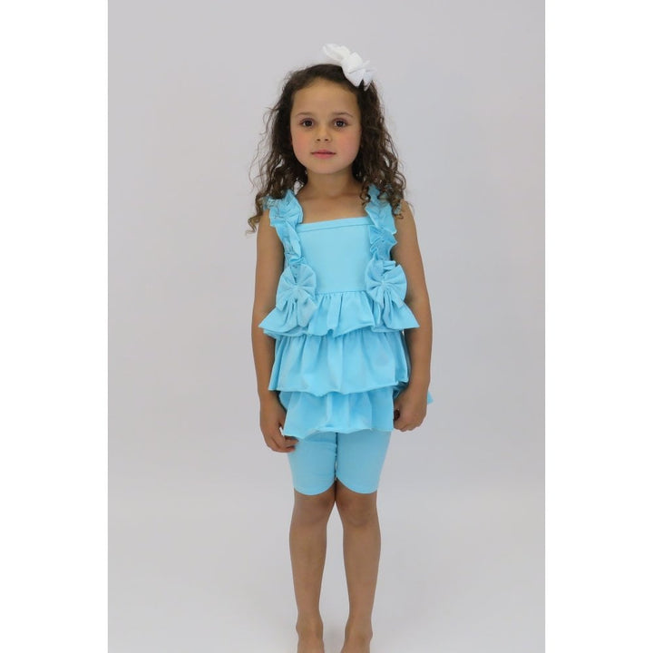 HARRIS KIDS "Beth" Girls Ruffle Bow Cycling Short Set - Blue