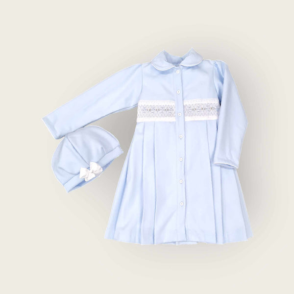 Pretty Originals Pale Blue Traditional Smocked Autumn/Winter Coat And Beret - Exclusive to Bella Sienna - BD02127
