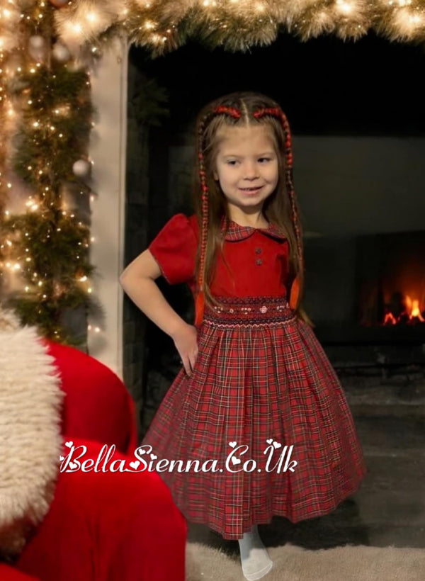 Pretty Originals Red Tartan Hand Smocked Dress & Headband - MC01371