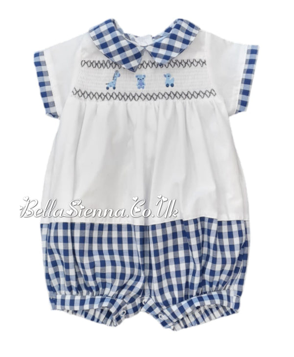 Baby Boys Navy Blue & White Gingham Smocked Romper - A03191