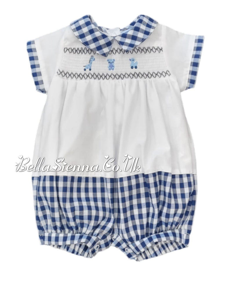 Baby Boys Navy Blue & White Gingham Smocked Romper - A03191