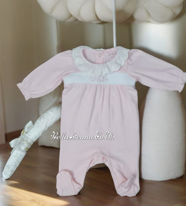 Smocked Broderie Frill Cotton Sleepsuit Babygrow On A Padded Hanger