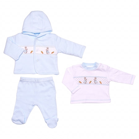 Premature Baby Blue Three Piece Smocked Outfit With Embroidered Rabbits - 40JTC9757