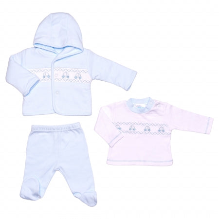 Premature Baby Blue Three Piece Smocked Outfit With Embroidered Cars - 40JTC9759