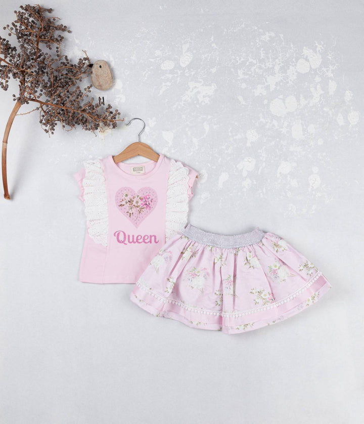Pink "Queen" Heart Design With Sparkle & Pearl Deatil Skirt & Top Set - 3603