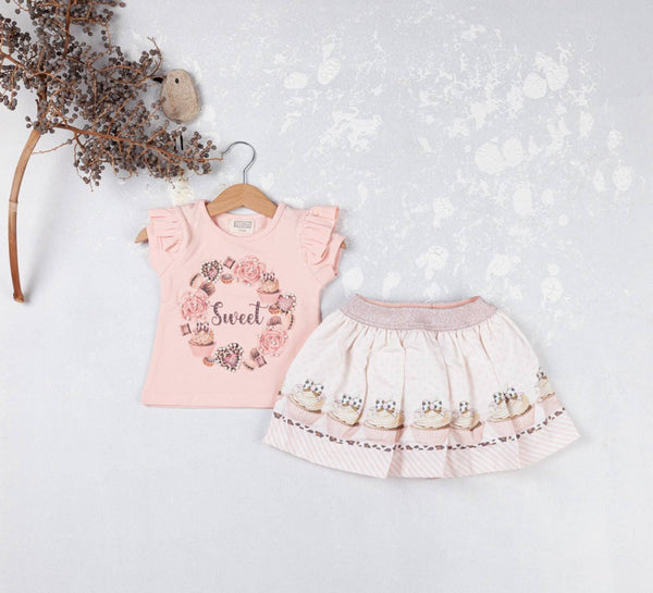 Peachy Pink "Sweet" Skirt & Top Set With Pearl & Sparkle Detail -3609