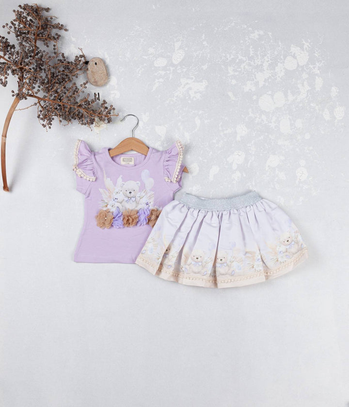 Lilac Teddy Bear Pearl Deatil Skirt & Top Set - 3605