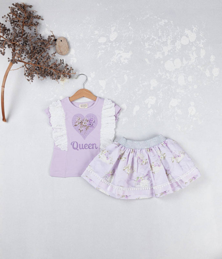 Lilac "Queen" Heart Design With Sparkle & Pearl Deatil Skirt & Top Set - 3603