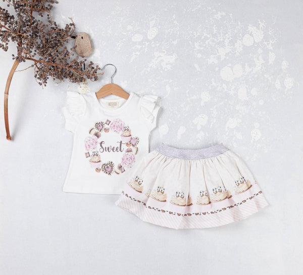 Ivory & Pink "Sweet" Skirt & Top Set With Pearl & Sparkle Detail -3609