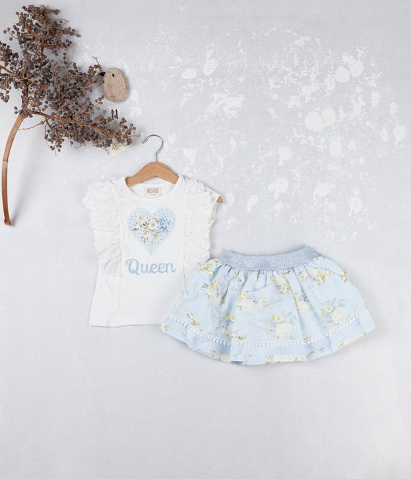 Blue & White "Queen" Heart Design With Sparkle & Pearl Deatil Skirt & Top Set - 3603