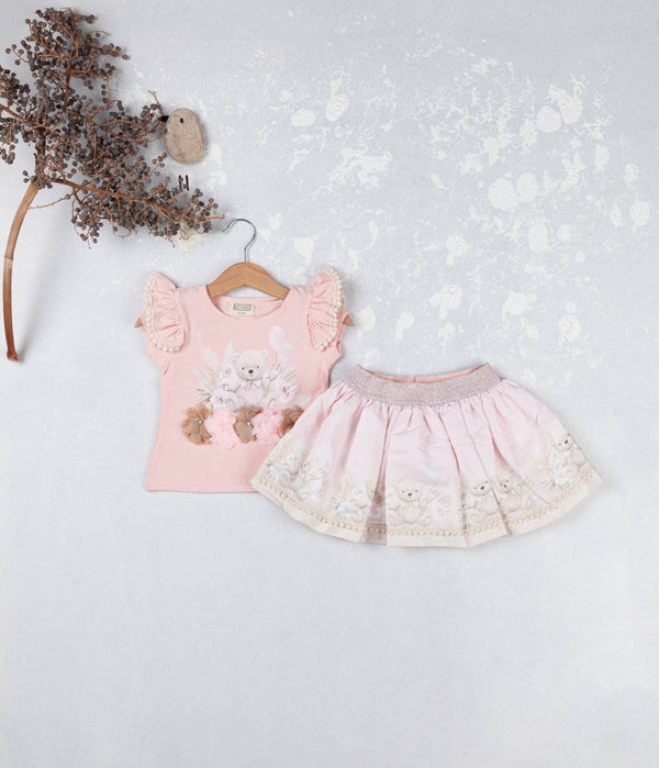 Peachy Pink Teddy Bear Pearl Deatil Skirt & Top Set - 3605