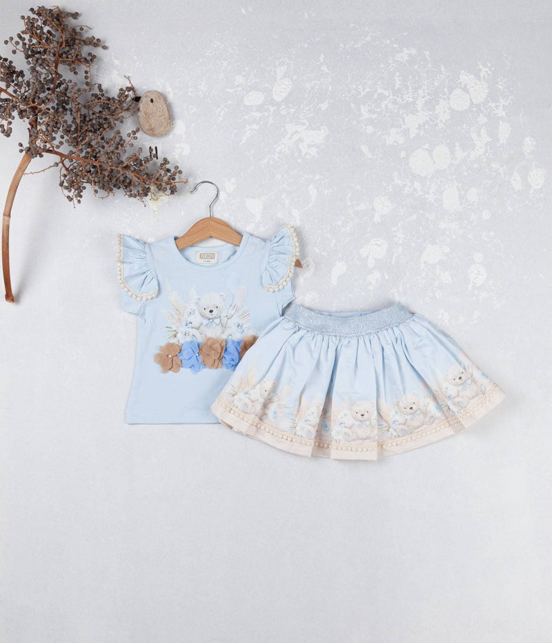 Blue & Beige Teddy Bear Pearl Deatil Skirt & Top Set - 3605