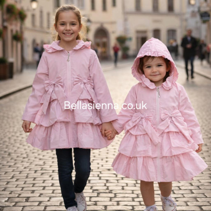 Harris Kids "Serena" Girls Frilly Bow Lightweight Rain Mac Coat - Pink