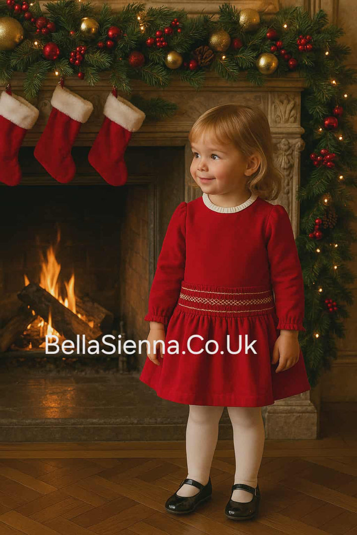 Mayoral Red Velvet Smocked Detail Dress - 2938