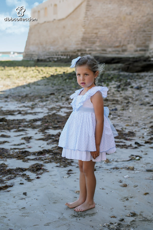 DBB Collection Girls Blue & White Dress With Big Tulle Bow On The Back - 23202