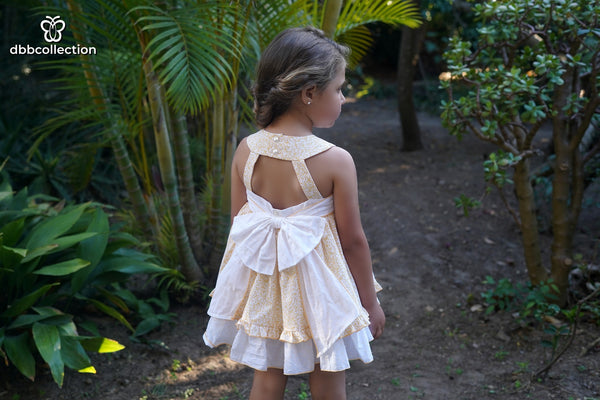 DBB Collection Girls Lemon & White Floral Dress With Big Bow On The Back - 23402