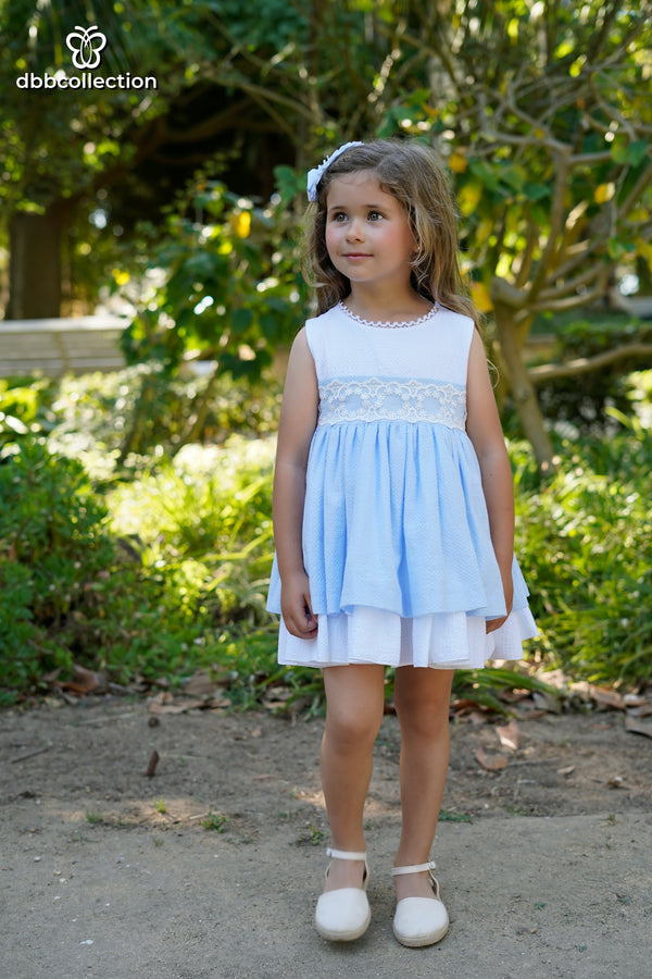 DBB Collection Girls Blue & White Dress With Big Bow On The Back - 22702