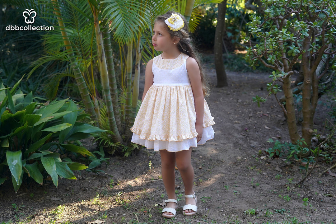 Dbb Collection Moda DBB Collection Girls Lemon & White Floral Dress With Big Bow On The Ba ...