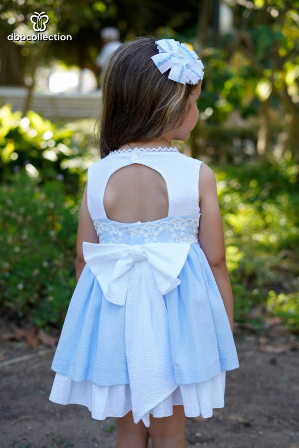 DBB Collection Girls Blue & White Dress With Big Bow On The Back - 22702