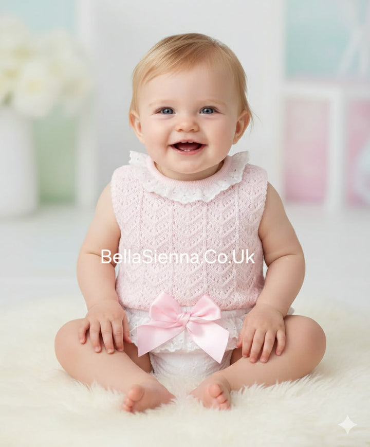 Nini Baby Girls Fine Pink And White Knit Summer Set
