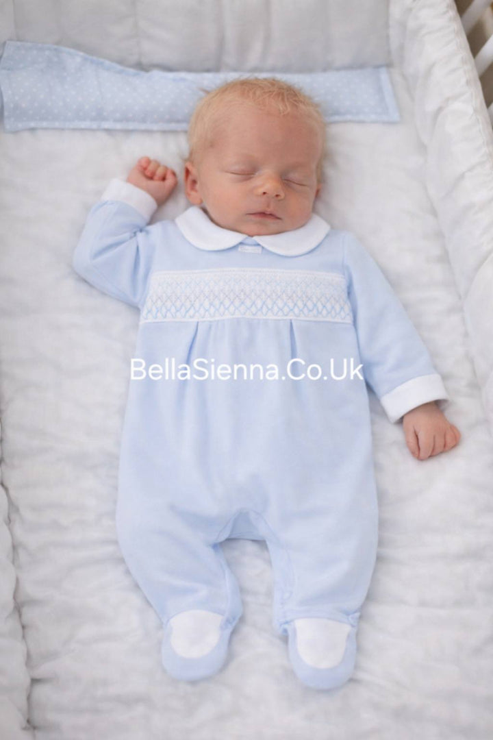 Boys Blue & White Smocked All In One Babygrow Sleepsuit - AM0024