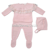 Girls Pink Lace Three Piece Knitted Set With Bonnet - C7019R