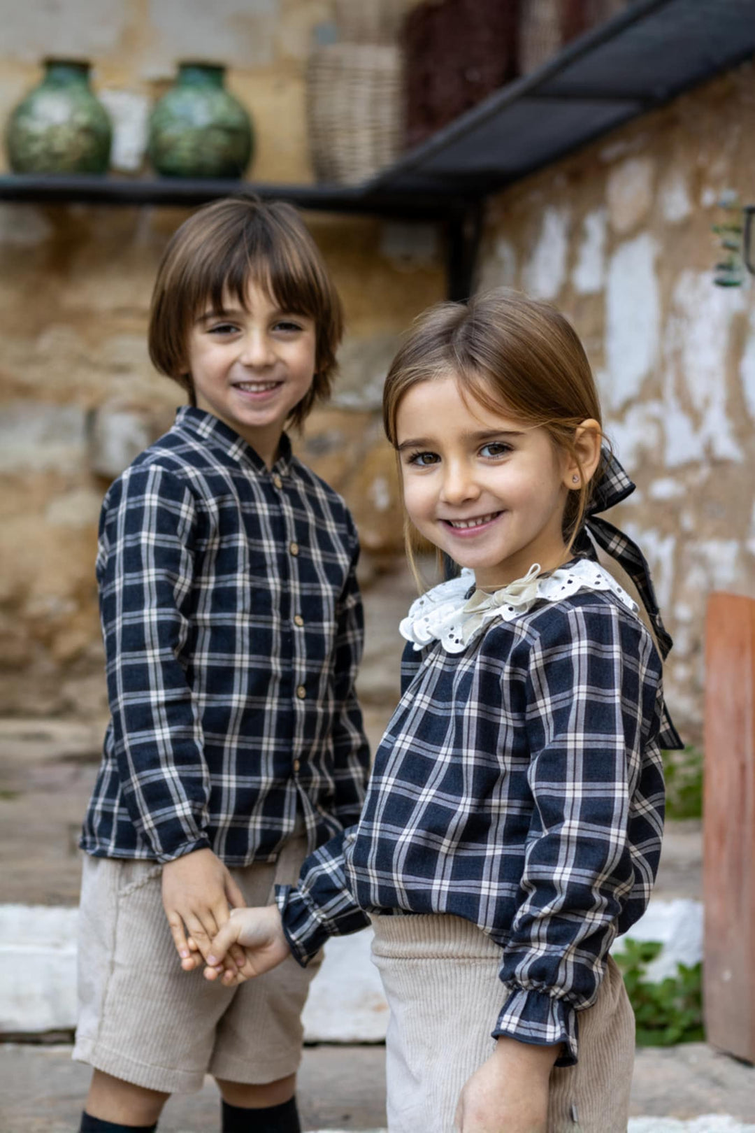 Calamaro Girls Beige Corduroy Skort & Blouse Set - 11237