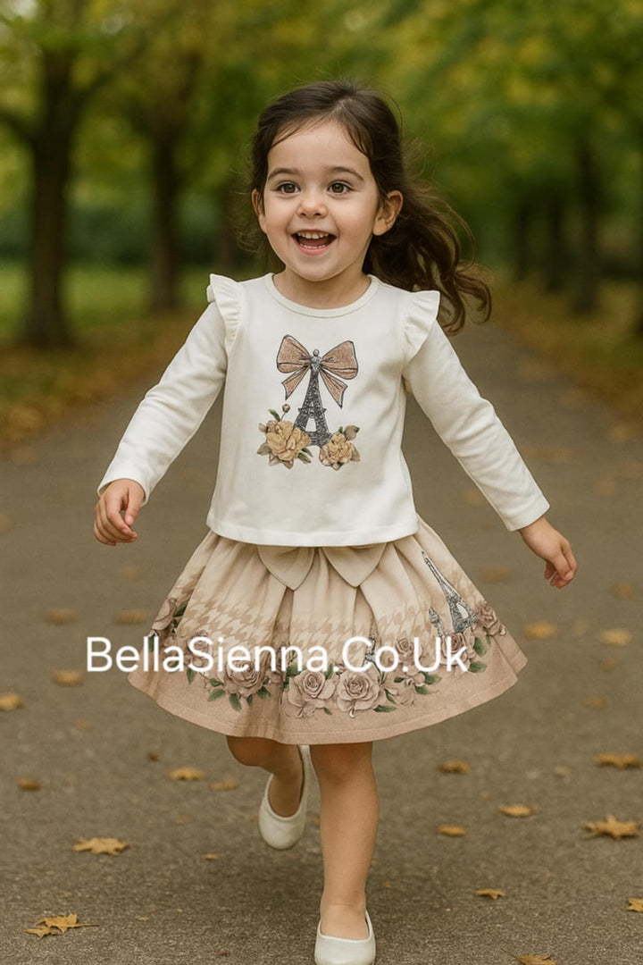 Giorgio Bambini Girls Ivory & Beige "BOW & TOWER " Long Sleeved Top & Skirt Set - YG-14