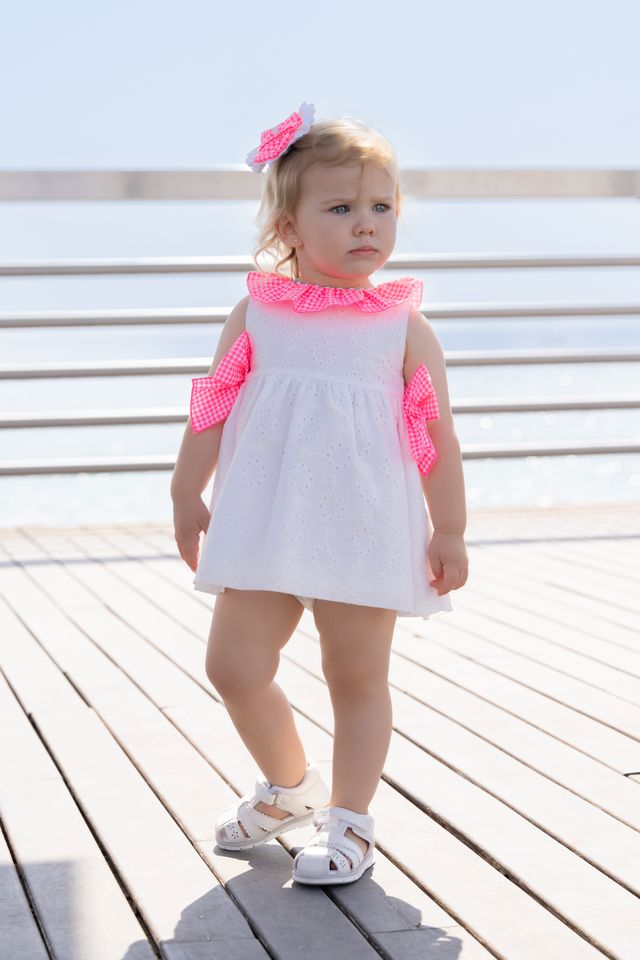 Miranda Baby Girls White Dress With Bright Pink Bows & Frilly Collar - 0504/V