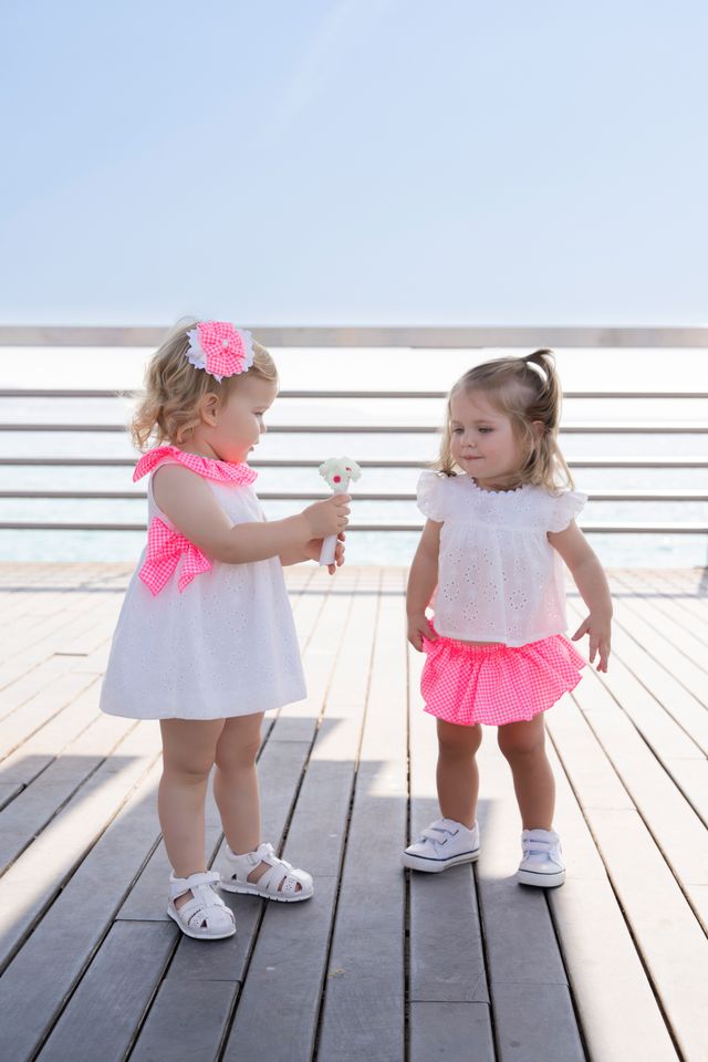 Miranda Baby Girls White Dress With Bright Pink Bows & Frilly Collar - 0504/V