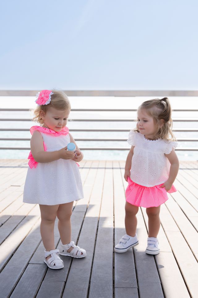 Miranda Baby Girls White Dress With Bright Pink Bows & Frilly Collar - 0504/V