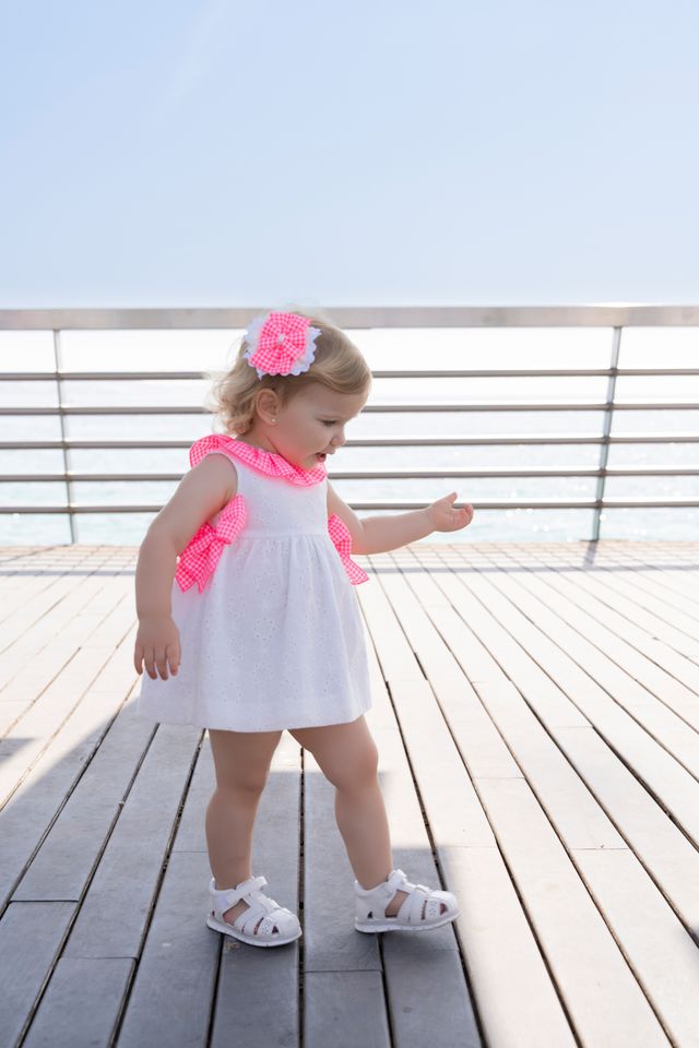 Miranda Baby Girls White Dress With Bright Pink Bows & Frilly Collar - 0504/V