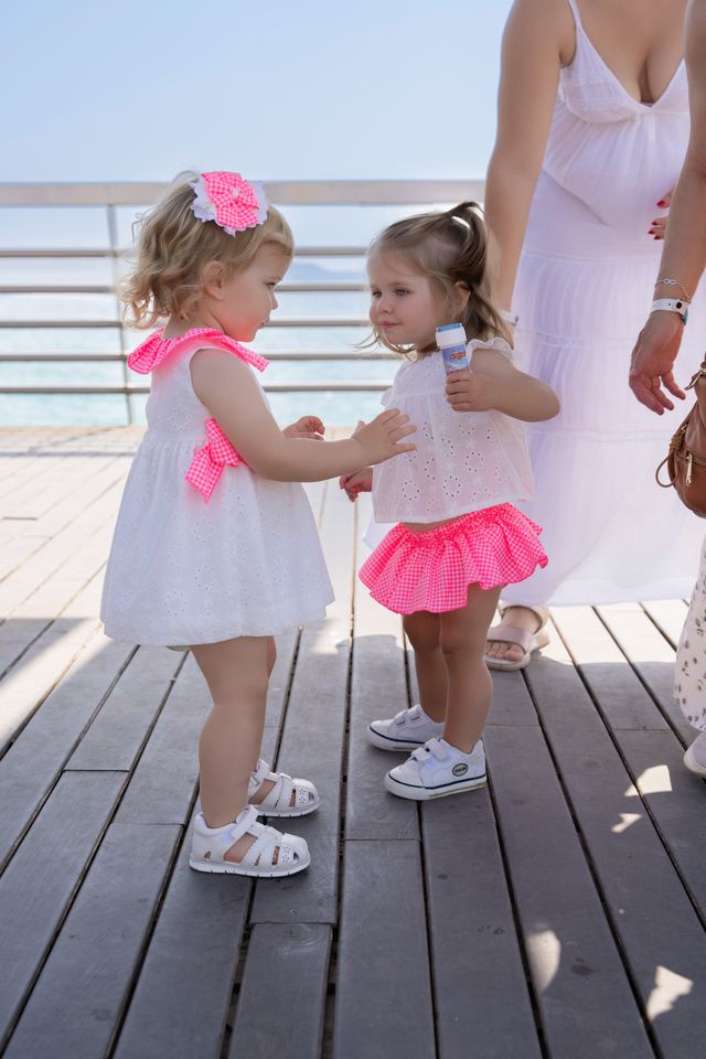 Miranda Baby Girls White Dress With Bright Pink Bows & Frilly Collar - 0504/V