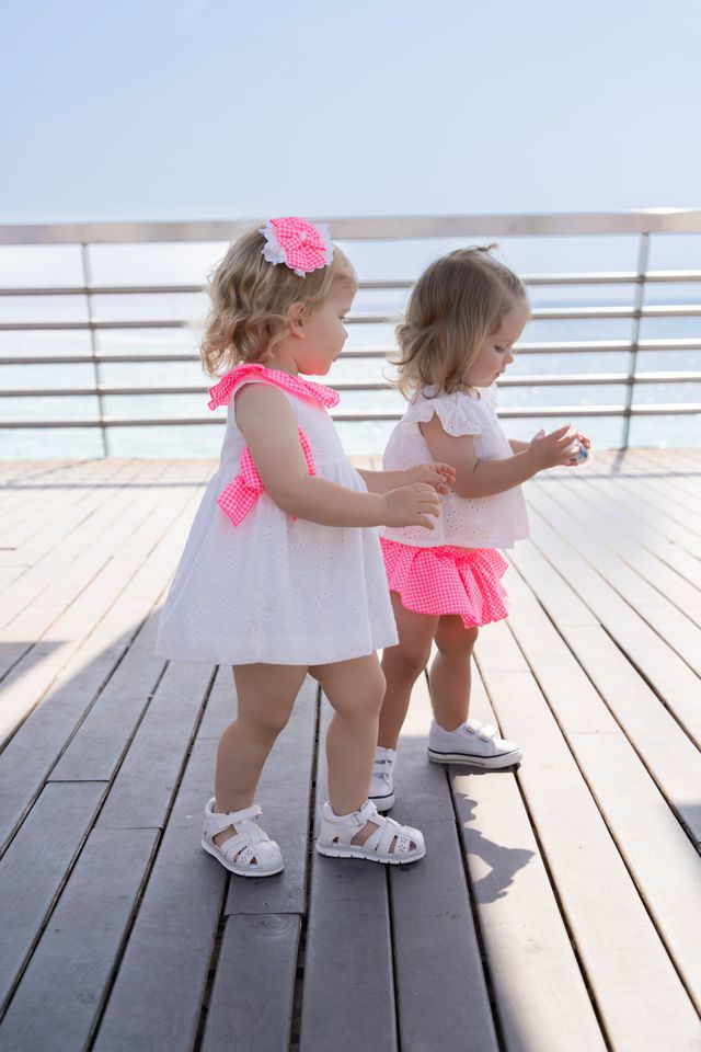 Miranda Baby Girls White Dress With Bright Pink Bows & Frilly Collar - 0504/V