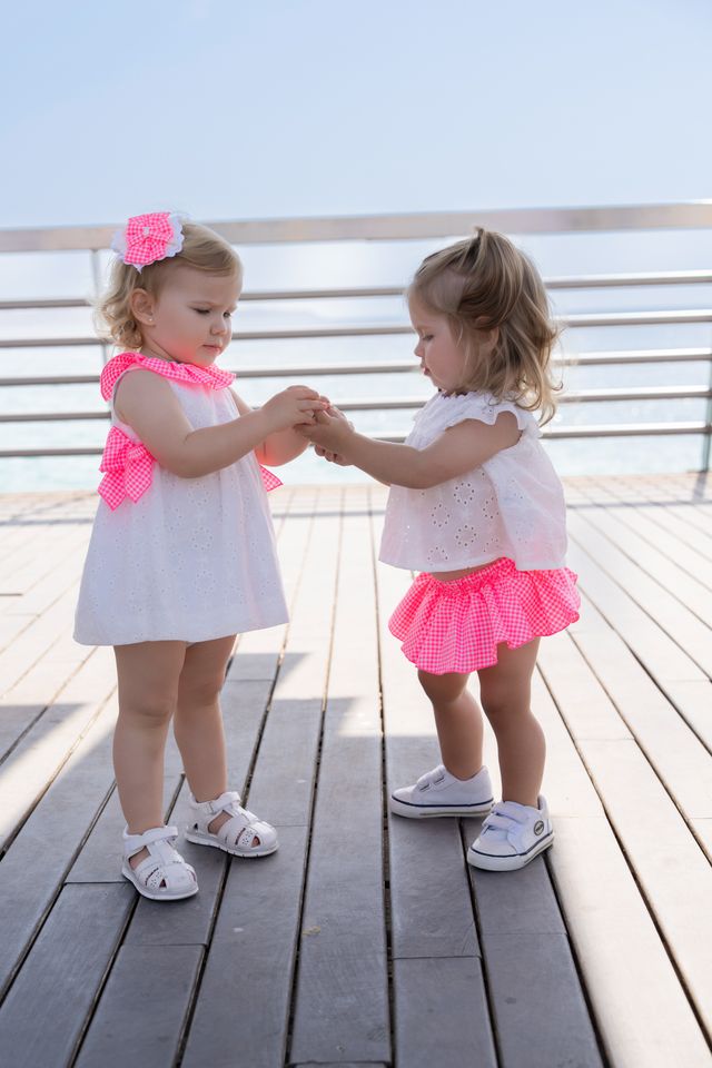 Miranda Baby Girls White Dress With Bright Pink Bows & Frilly Collar - 0504/V