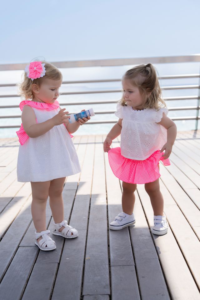 Miranda Baby Girls White Dress With Bright Pink Bows & Frilly Collar - 0504/V