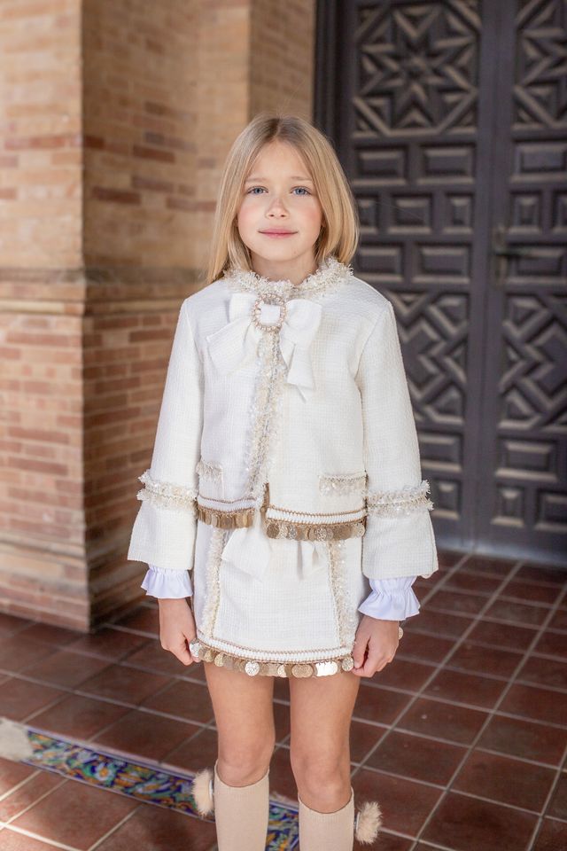 Naxos Girls White Ivory Beige And Gold Skirt Set 7657