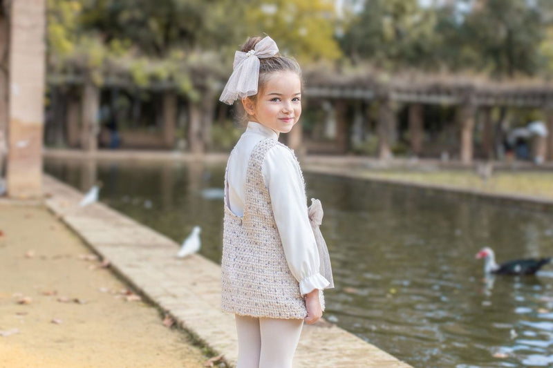 Naxos Beige Tweed Girls Blouse & Pinafore Set 7642