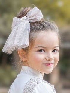 Naxos Beige Sparkly Girls Hair Bow - Lazo Tul
