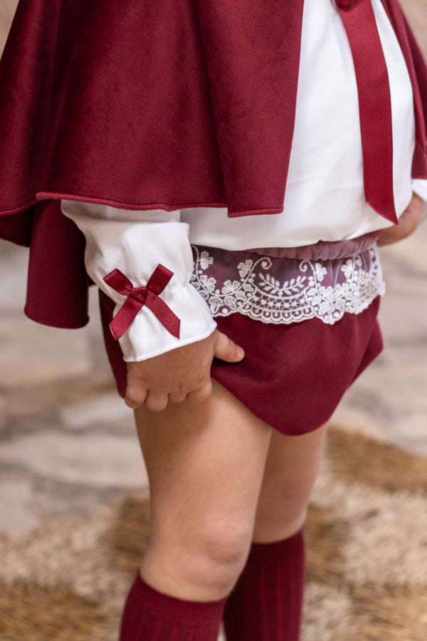 Calamaro Baby Girls Four Piece Burgundy Velvet Set With Bonnet & Cape - 11247 - 14021