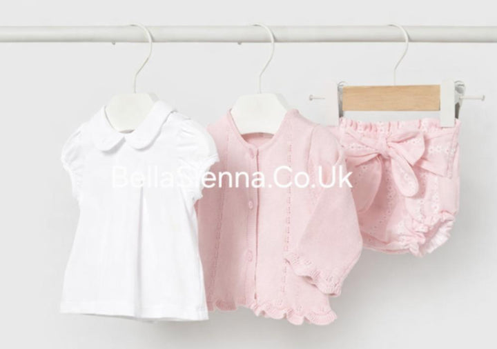 Mayoral Baby Girls Pink Three Piece Daisy Set - Cardigan, Top & Jam Pants With Bow - 1287