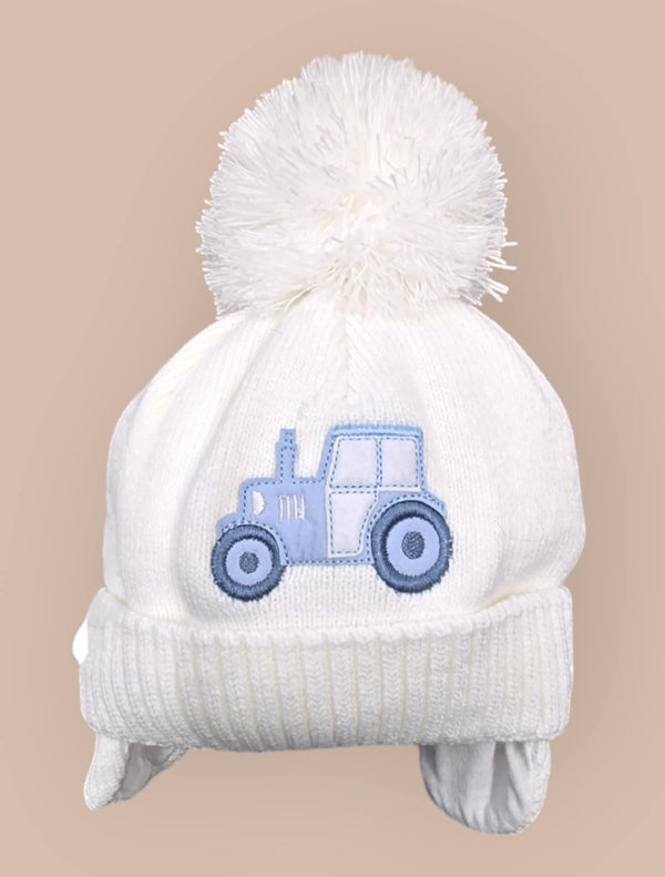 Barbaras Luxury Baby Boys Tractor Detail Pom Pom Hat White